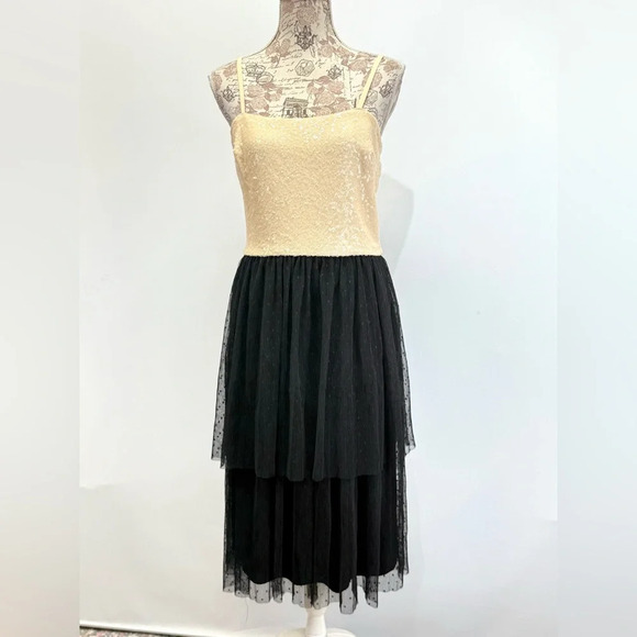 DRESS THE POPULATION Cream sequin KADY w/black tulle skirt cocktail dress size L - Picture 5 of 13